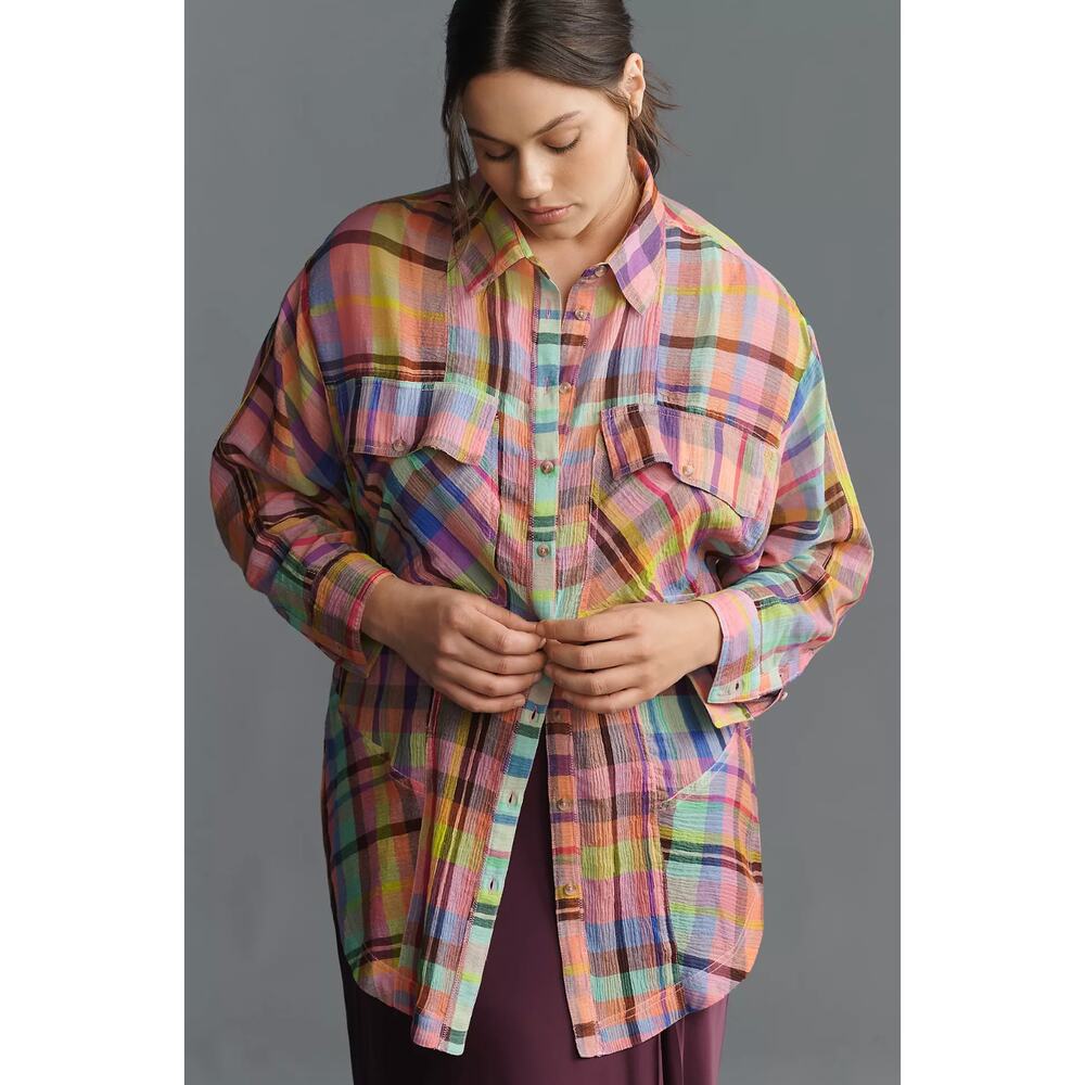 NEW Pilcro Mixed Madras Plaid Oversized Shirt XXS/XS Long Sleeve Button-Down - Picture 3 of 10